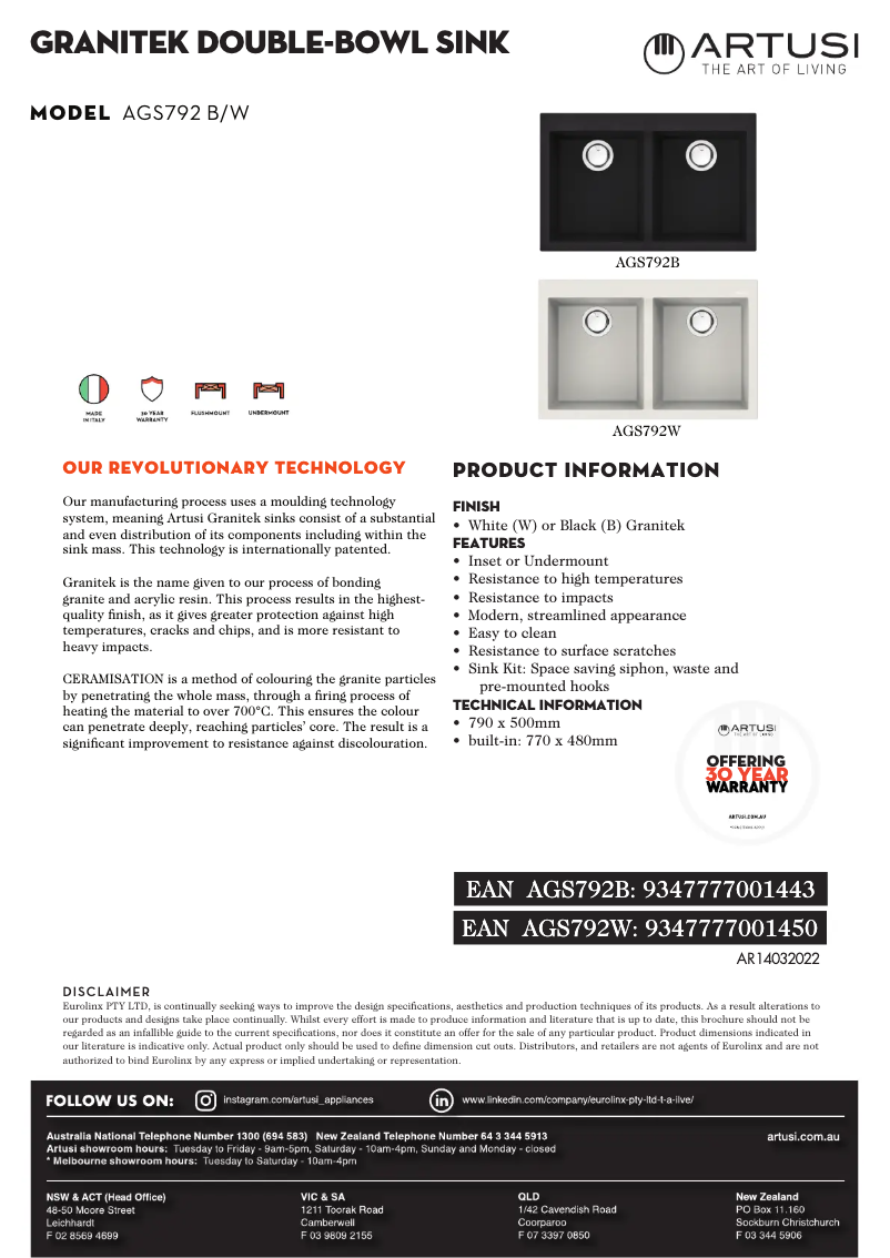 Page 1 de la notice Fiche technique Artusi AGS792B