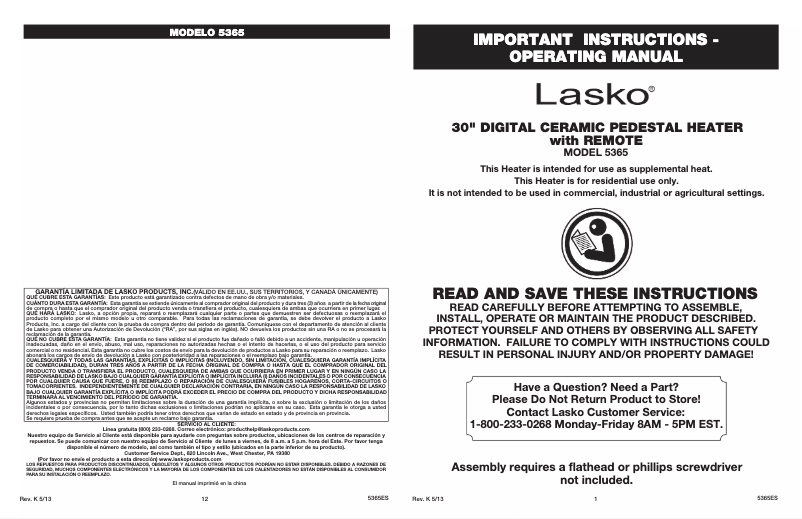Page 1 de la notice Manuel utilisateur Lasko 5365