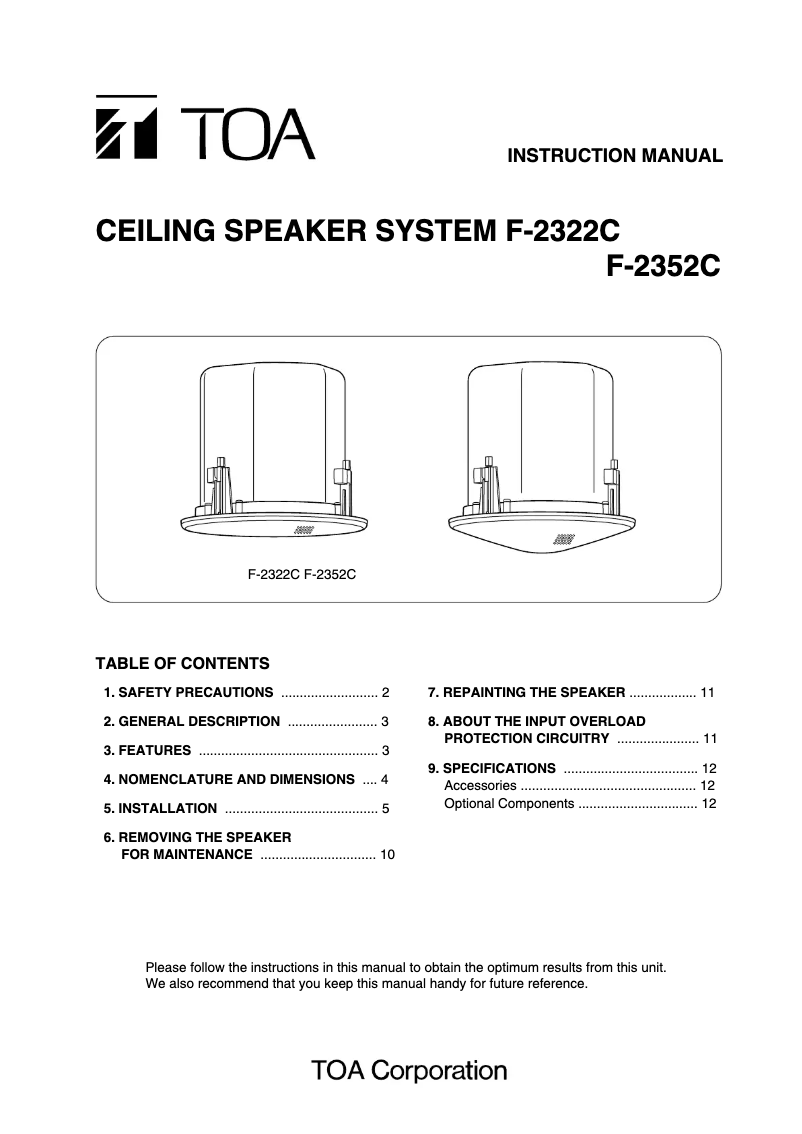Page 1 de la notice Manuel utilisateur TOA F-2352C