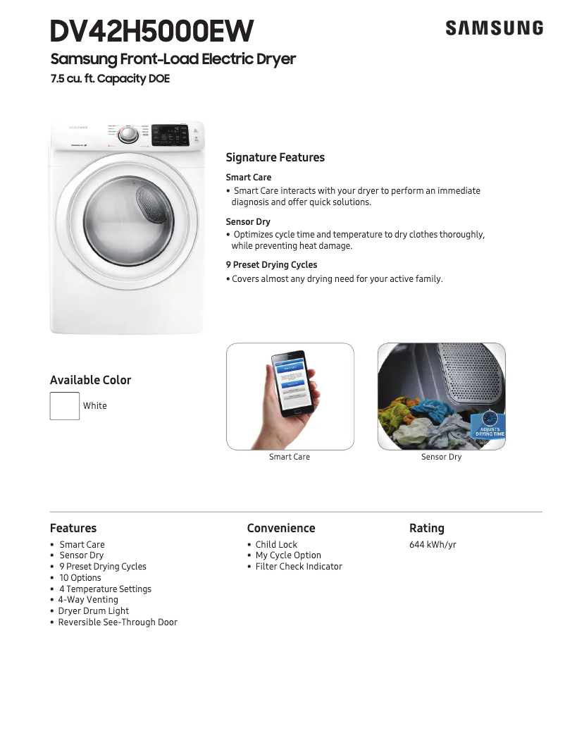 Page 1 de la notice Fiche technique Samsung DV42H5000EW