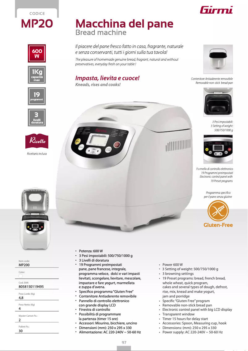 Página 1 del manual Ficha técnica Girmi MP20