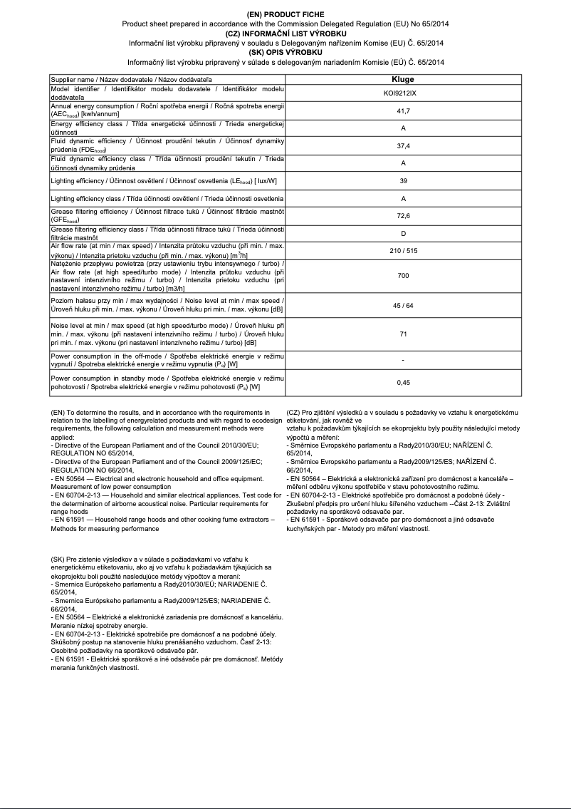Page 1 de la notice Fiche technique Kluge KOI9212IX