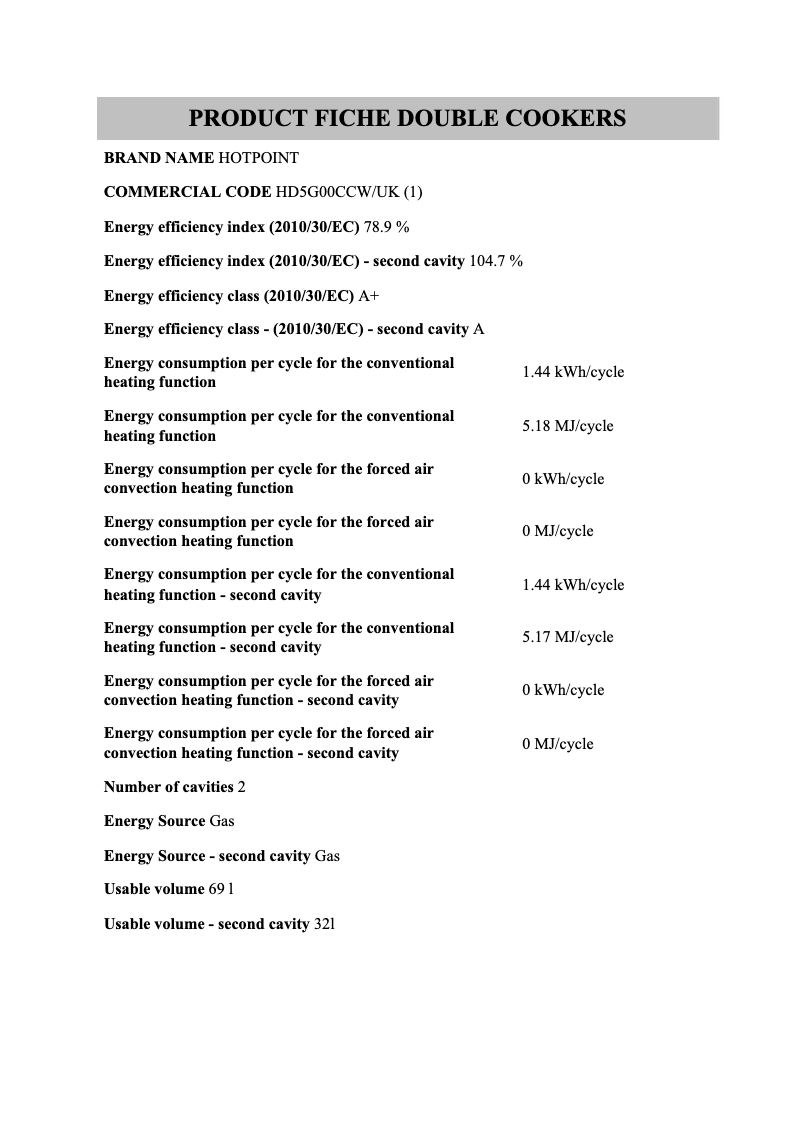Page 1 de la notice Fiche technique Hotpoint HD5G00CCW/UK