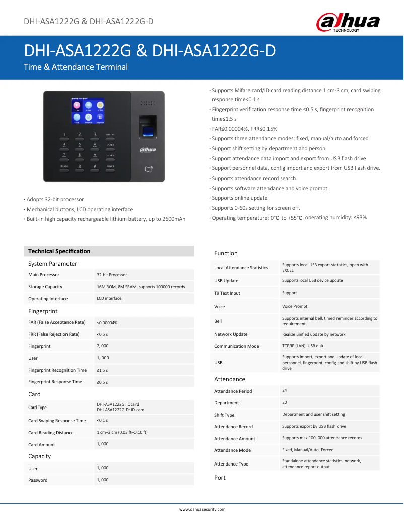 Page 1 de la notice Fiche technique Dahua Technology ASA1222G-D