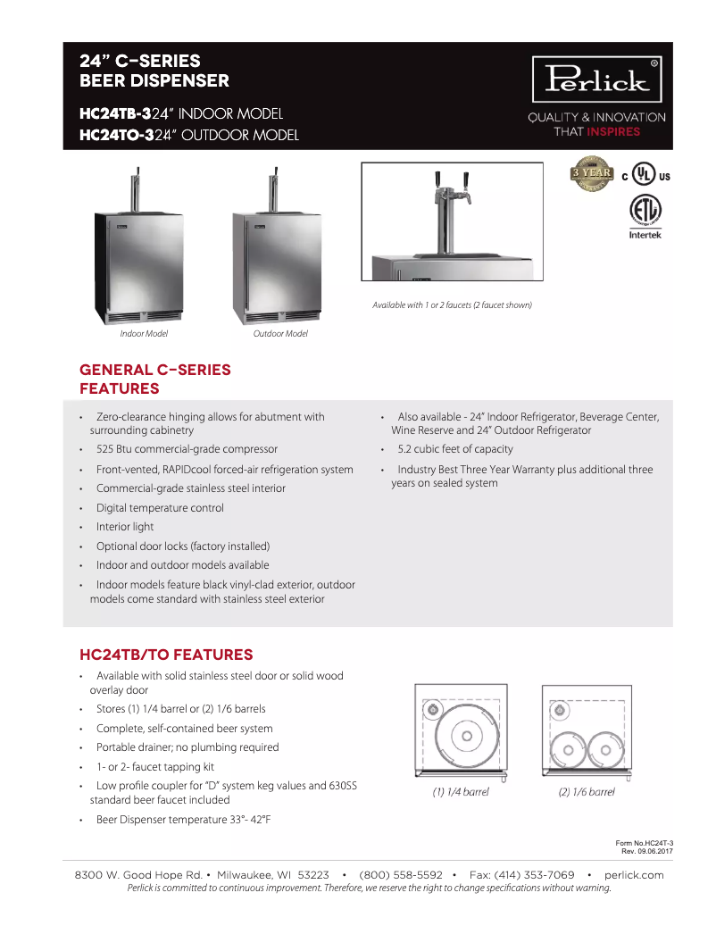 Page 1 de la notice Fiche technique Perlick HC24TB-3-1R1