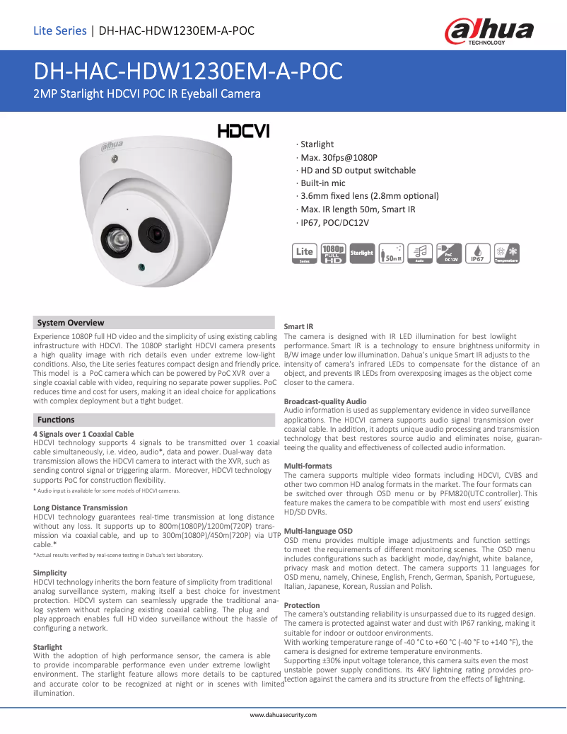 Page n°1 - Fiche technique Dahua Technology HAC-HDW1230EM-A-POC