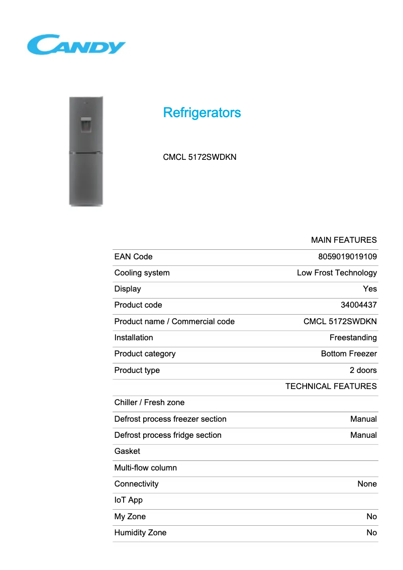 Page n°1 - Fiche technique Candy CMCL 5172SWDKN