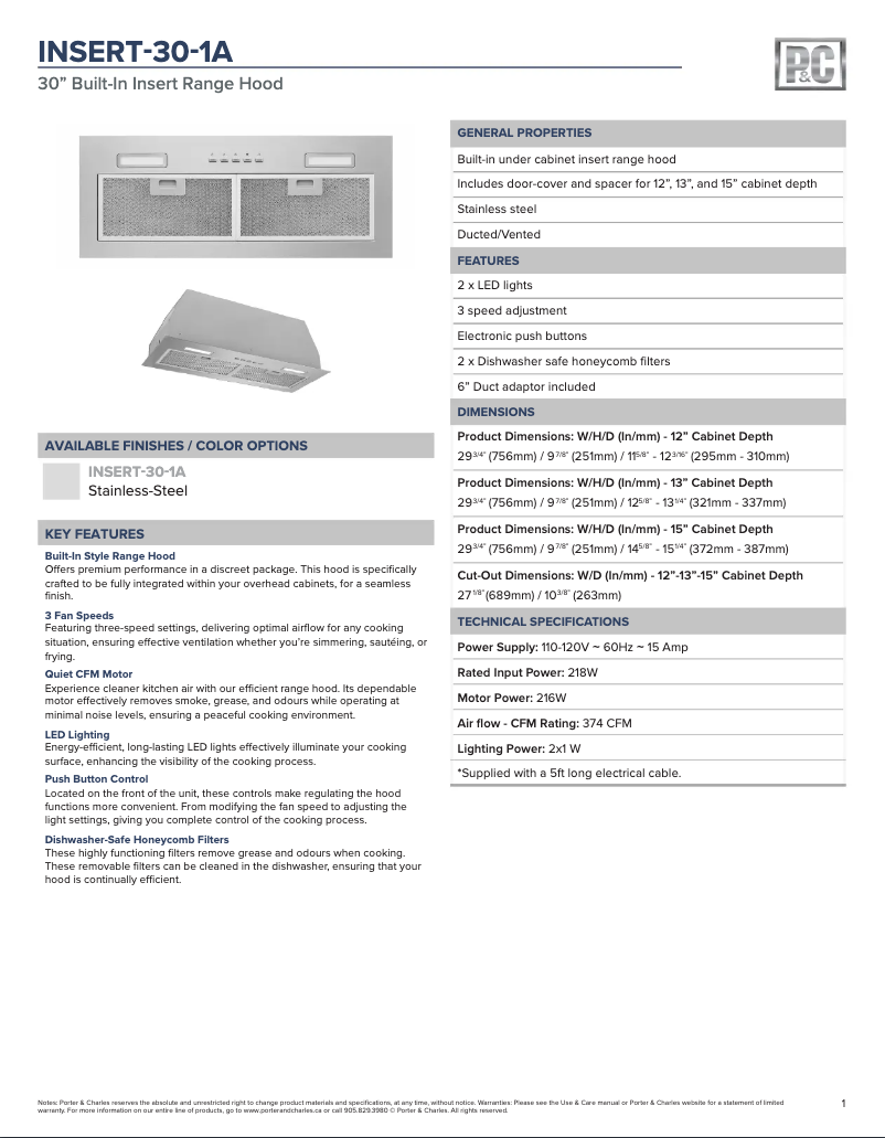 Página 1 del manual Ficha técnica Porter & Charles INSERT-30-1A