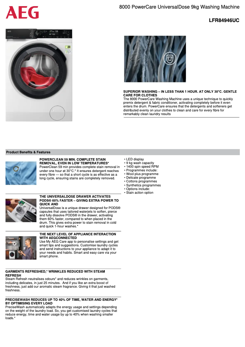 Página 1 del manual Ficha técnica AEG LFR84946UC