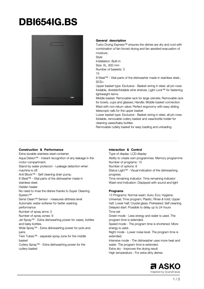 Page n°1 - Fiche technique Asko DBI654IG