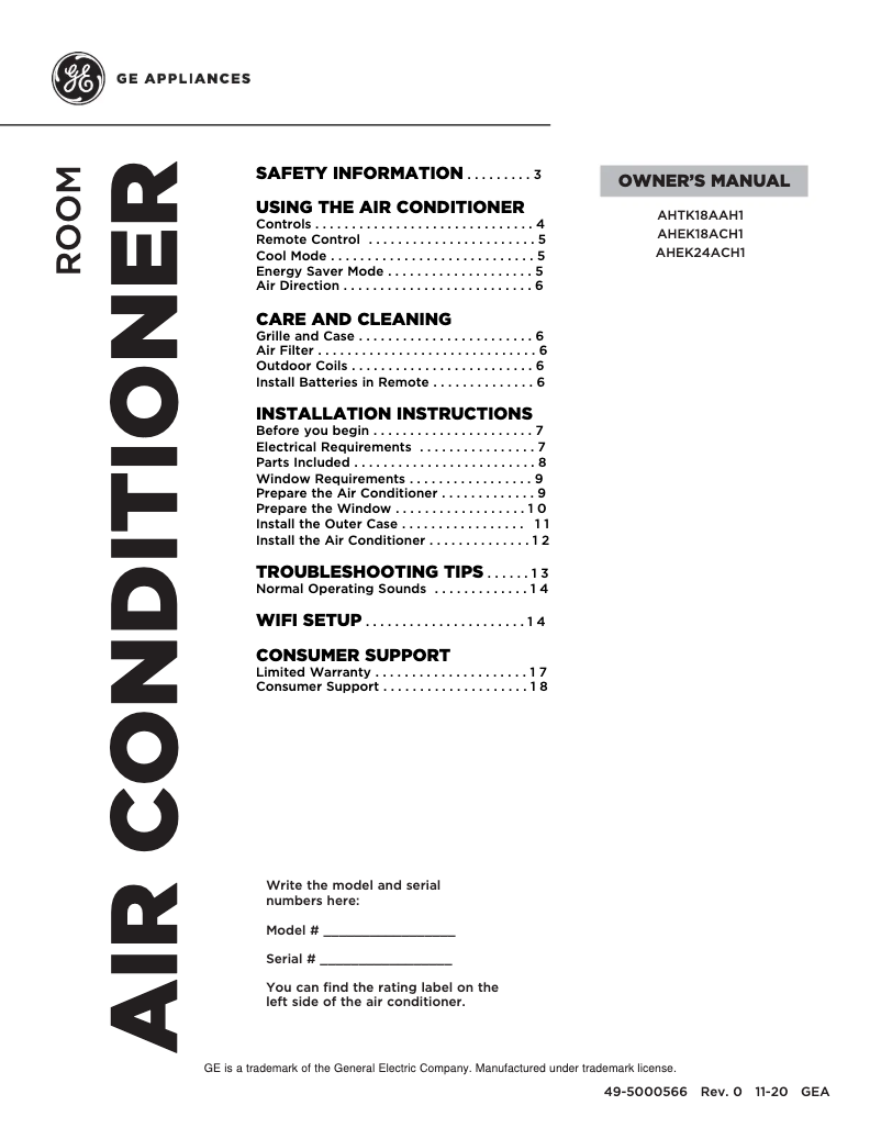 Page 1 de la notice Guide d'installation GE AHTK18AA