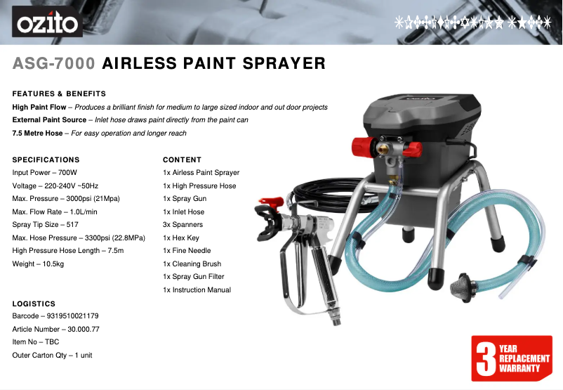 Página 1 del manual Ficha técnica Ozito ASG-7000