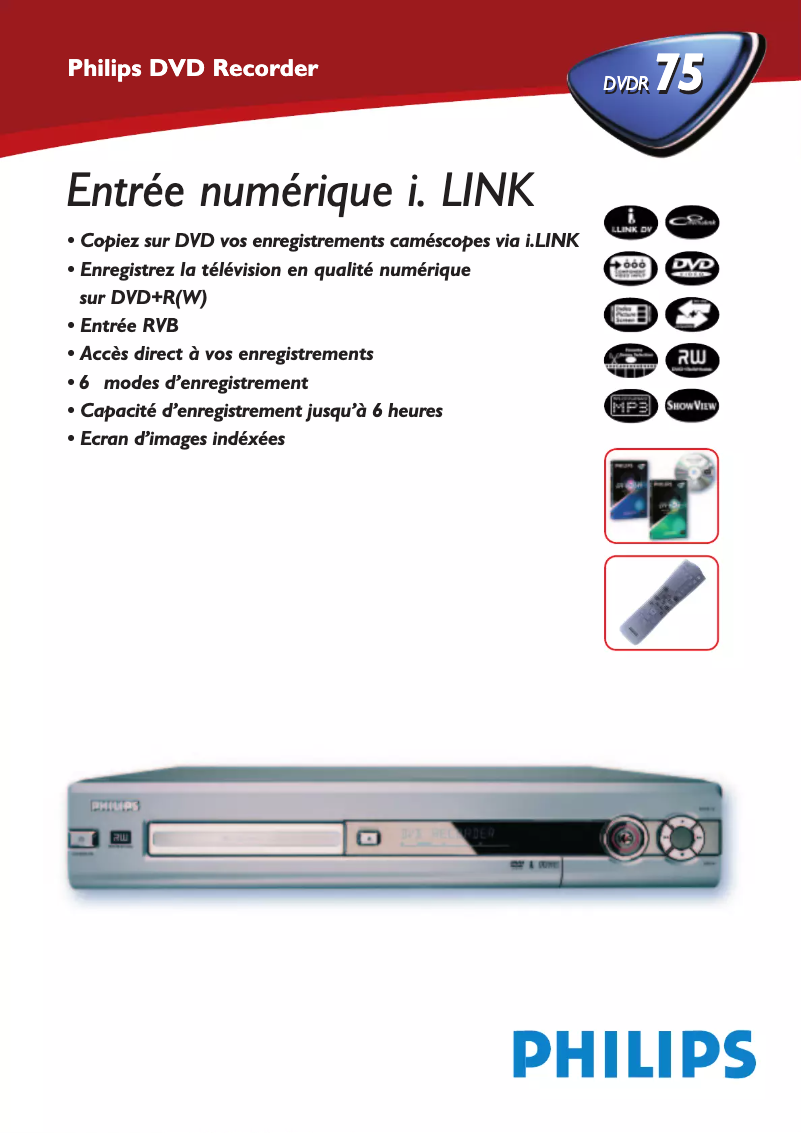 Page 1 de la notice Fiche technique Philips DVDR75