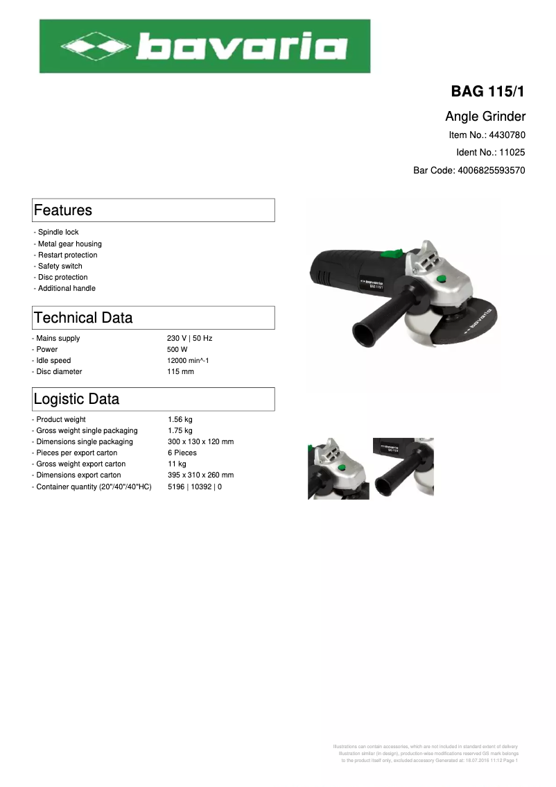 Page 1 de la notice Fiche technique Bavaria BAG 115/1