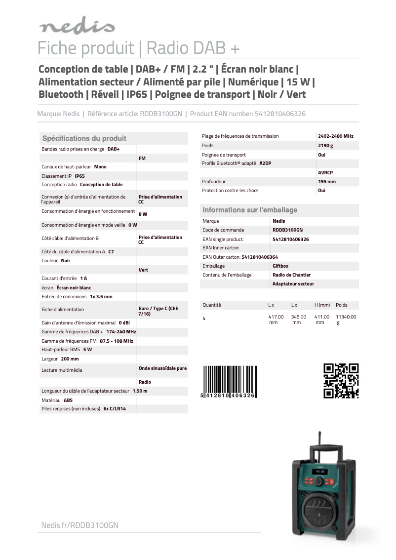 Page 1 de la notice Manuel utilisateur Nedis RDDB3100GN
