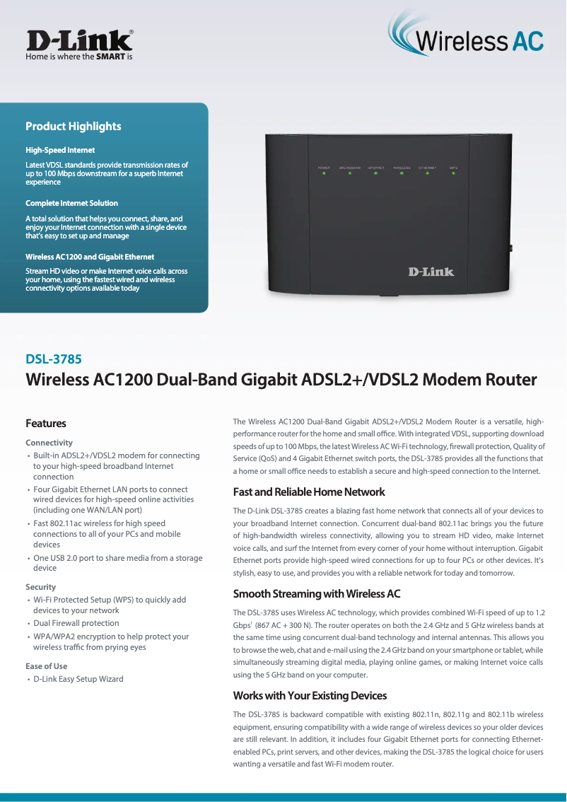 Page 1 de la notice Fiche technique D-Link DSL-3785