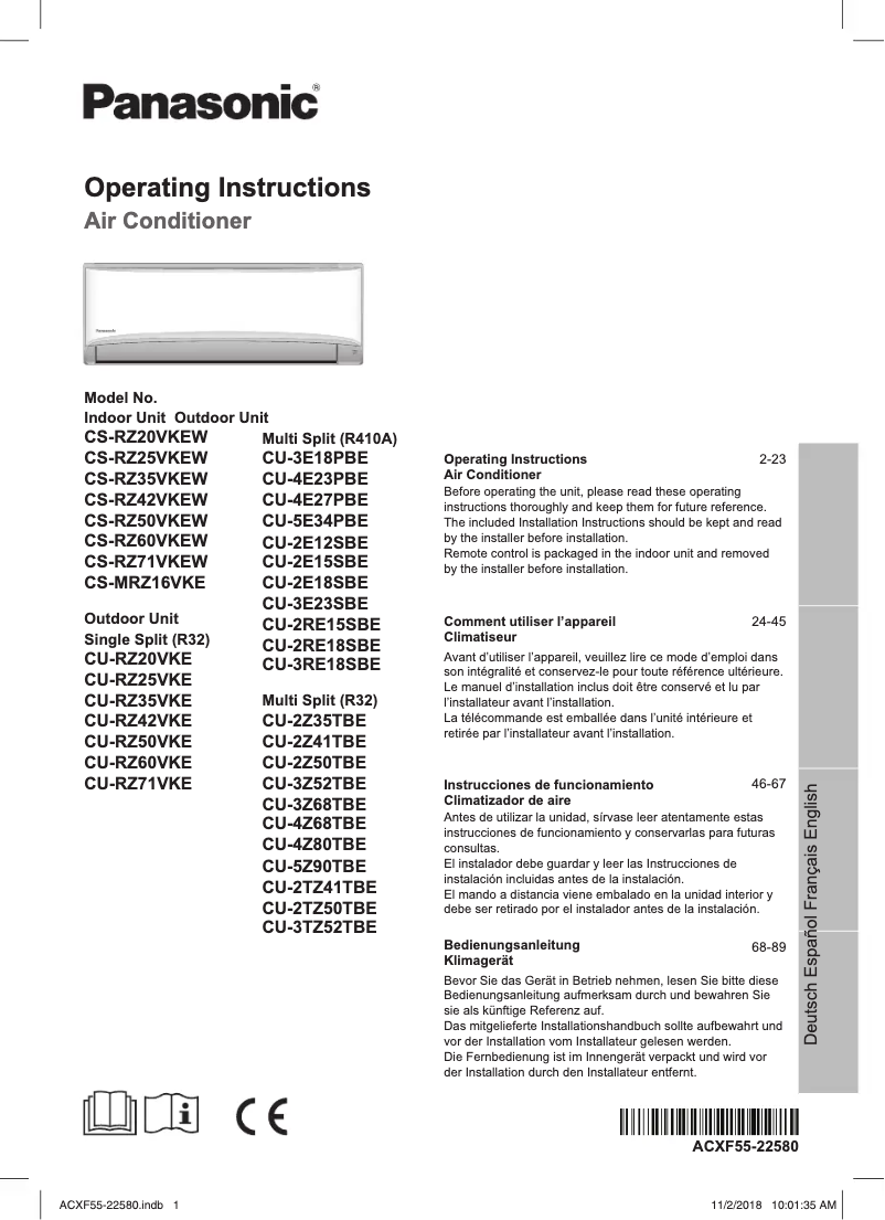 Page n°1 - Manuel utilisateur Panasonic CU-RZ25VKE