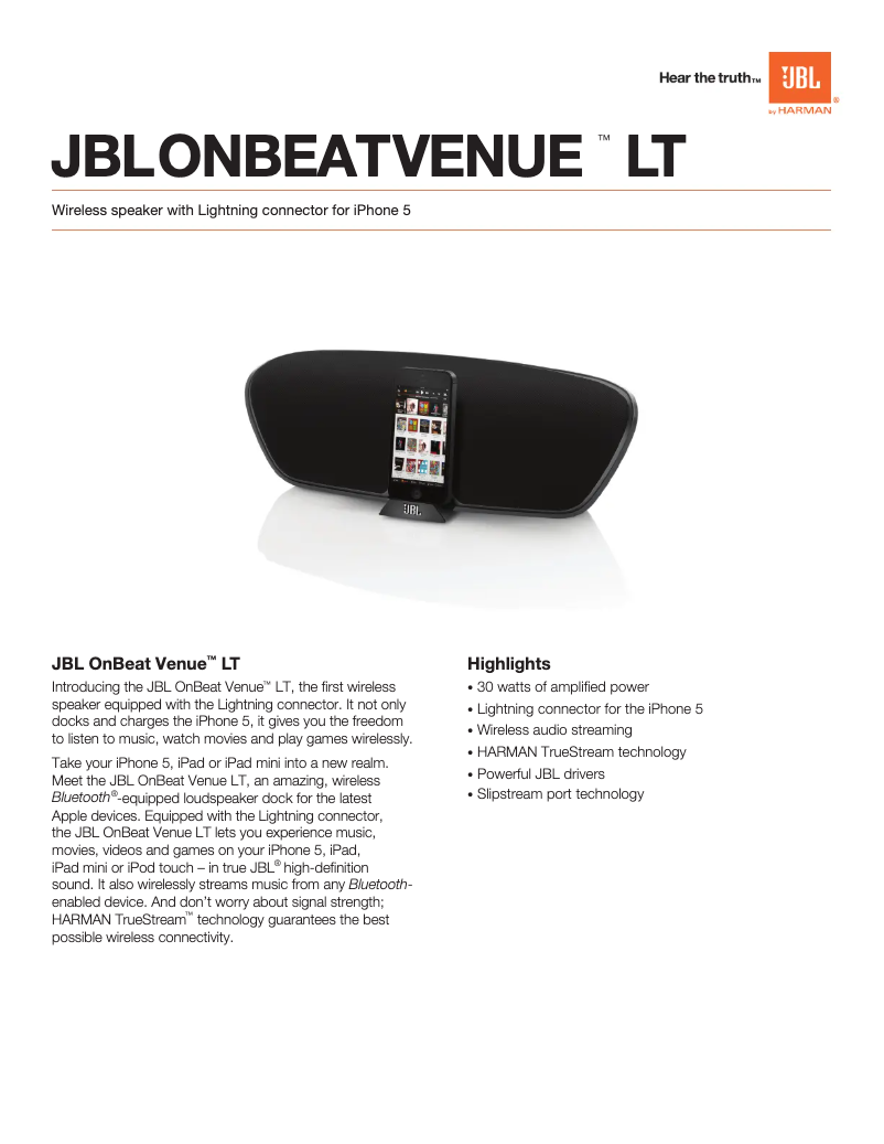Page 1 de la notice Fiche technique JBL OnBeat Venue LT