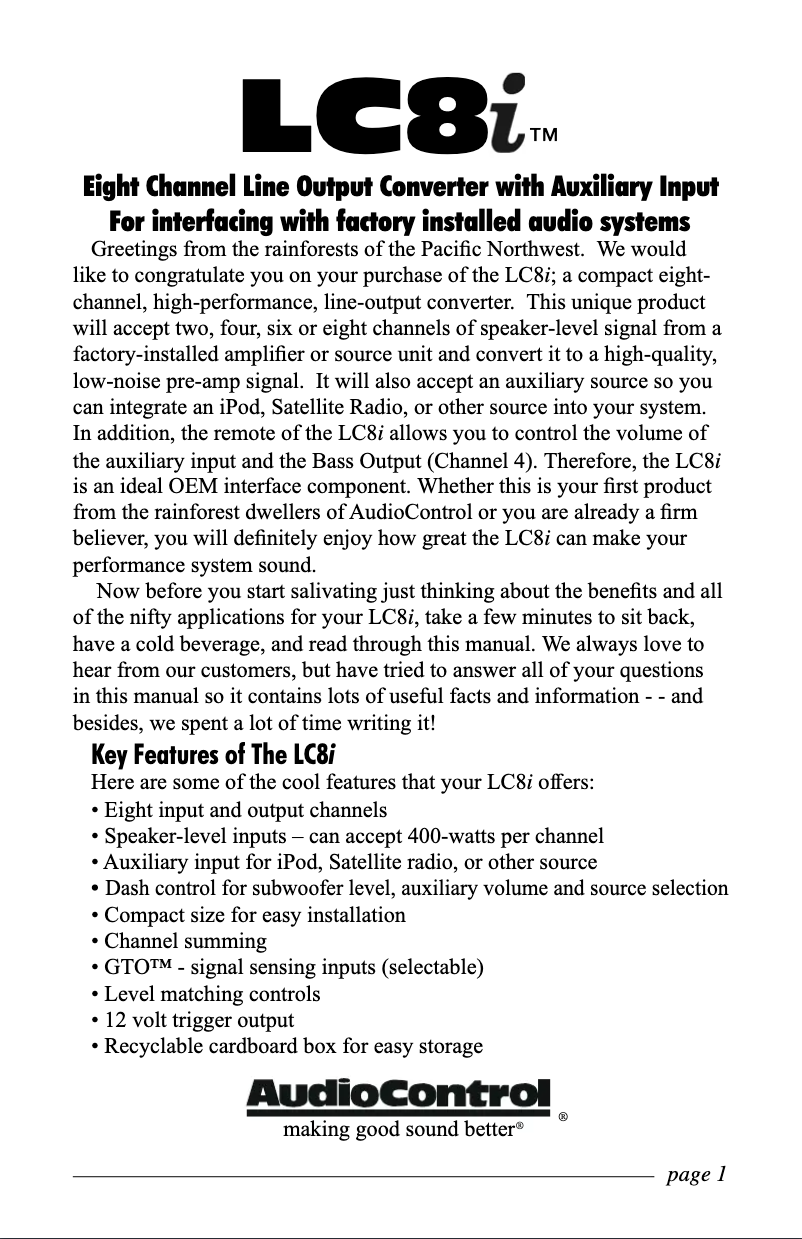 Page 1 de la notice Manuel utilisateur AudioControl LC8i