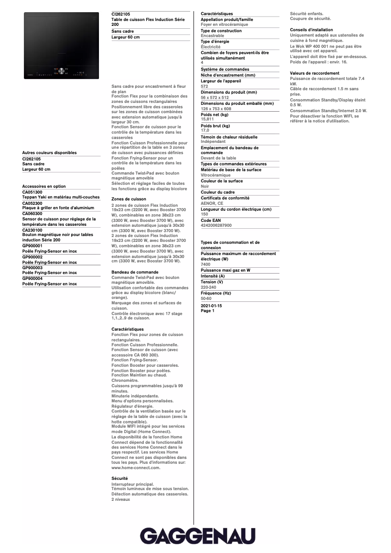 Page 1 de la notice Fiche technique Gaggenau CI262105