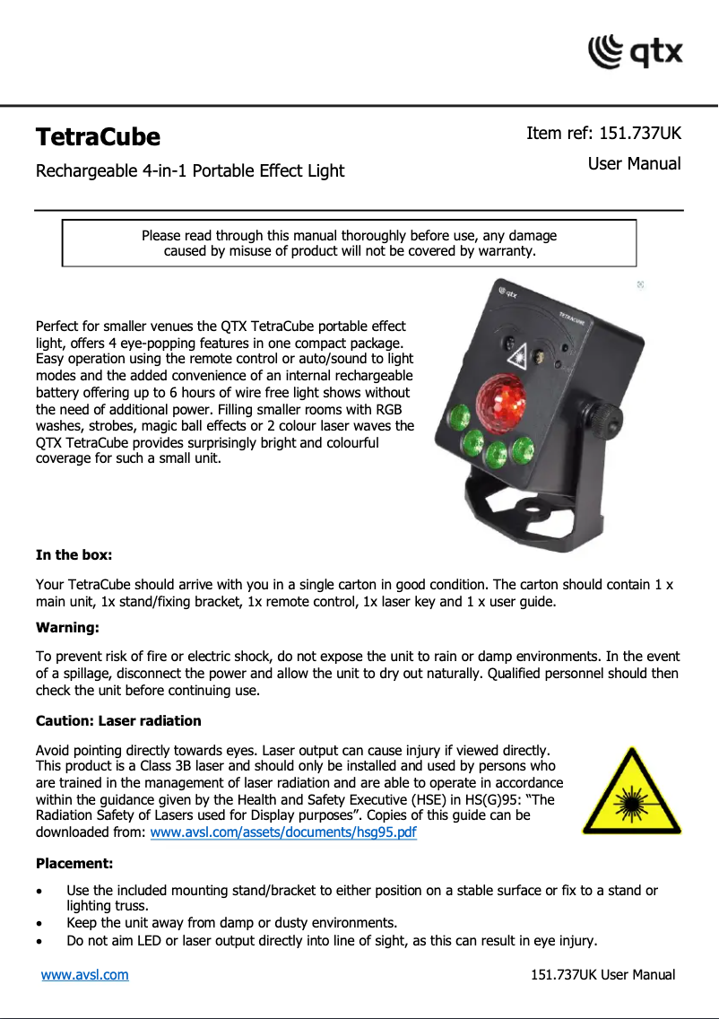 Page 1 de la notice Manuel utilisateur Qtx TetraCube