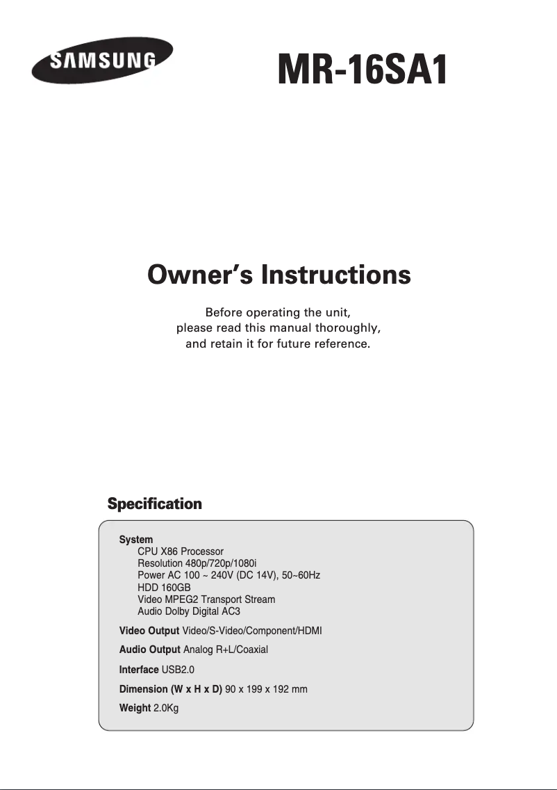 Page n°1 - Manuel utilisateur Samsung MR-16SA1