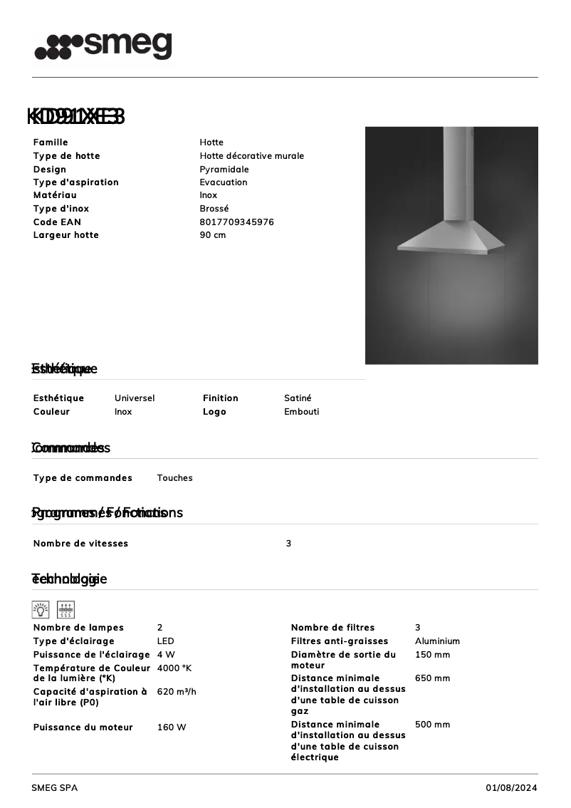 Page n°1 - Fiche technique Smeg KD91XE3