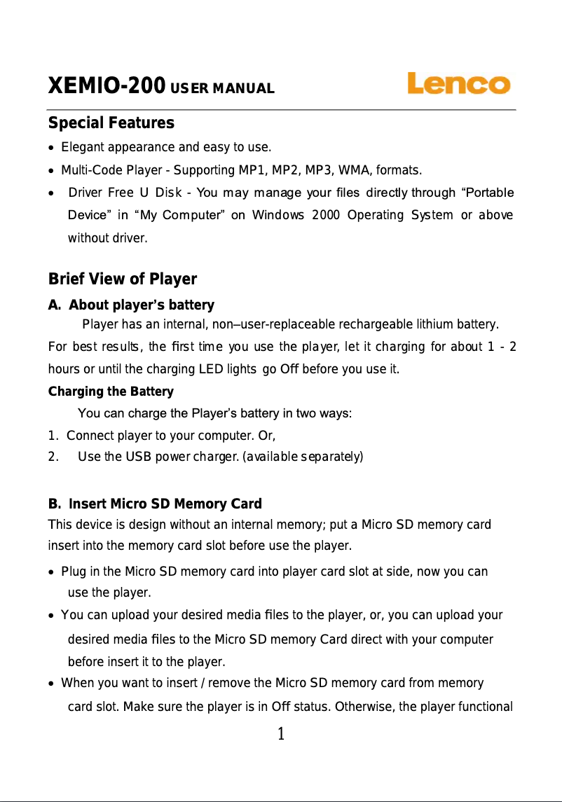 Page 1 de la notice Manuel utilisateur Lenco Xemio-200
