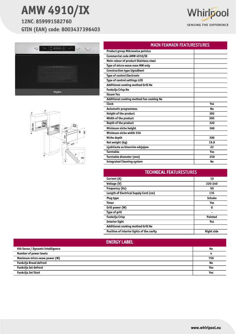 Page n°1 - Fiche technique Whirlpool AMW 4910 IX