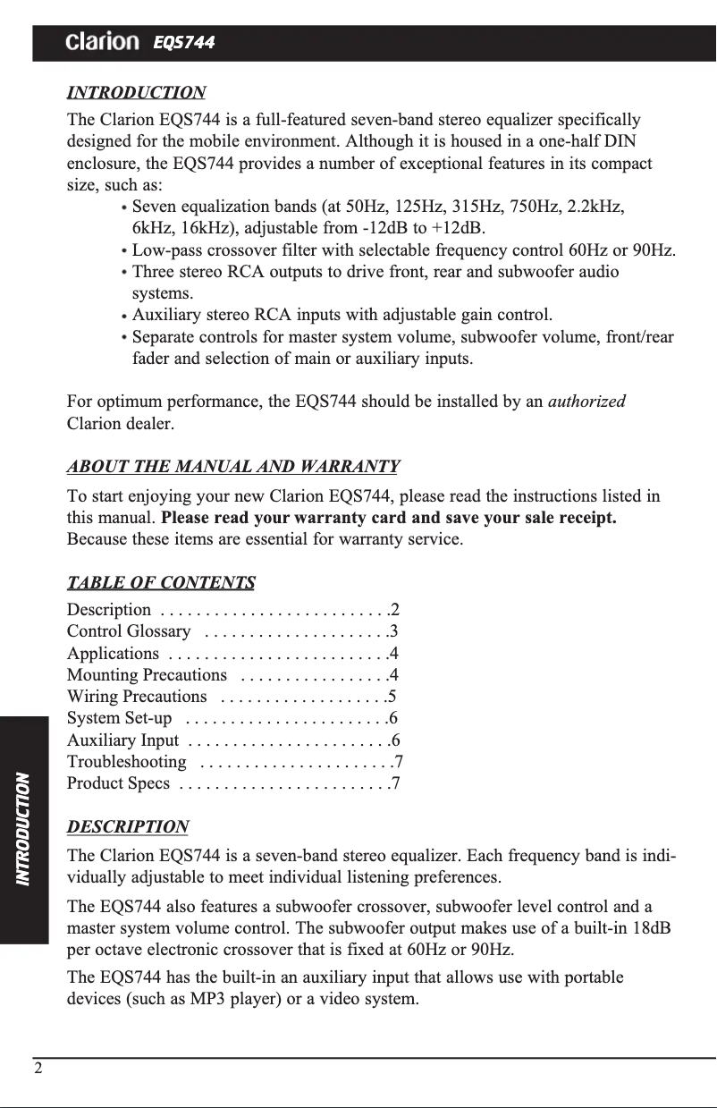 Page n°1 - Manuel utilisateur Clarion EQS744