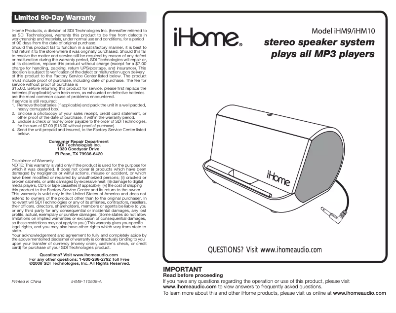 Page 1 de la notice Manuel utilisateur iHome iHM9