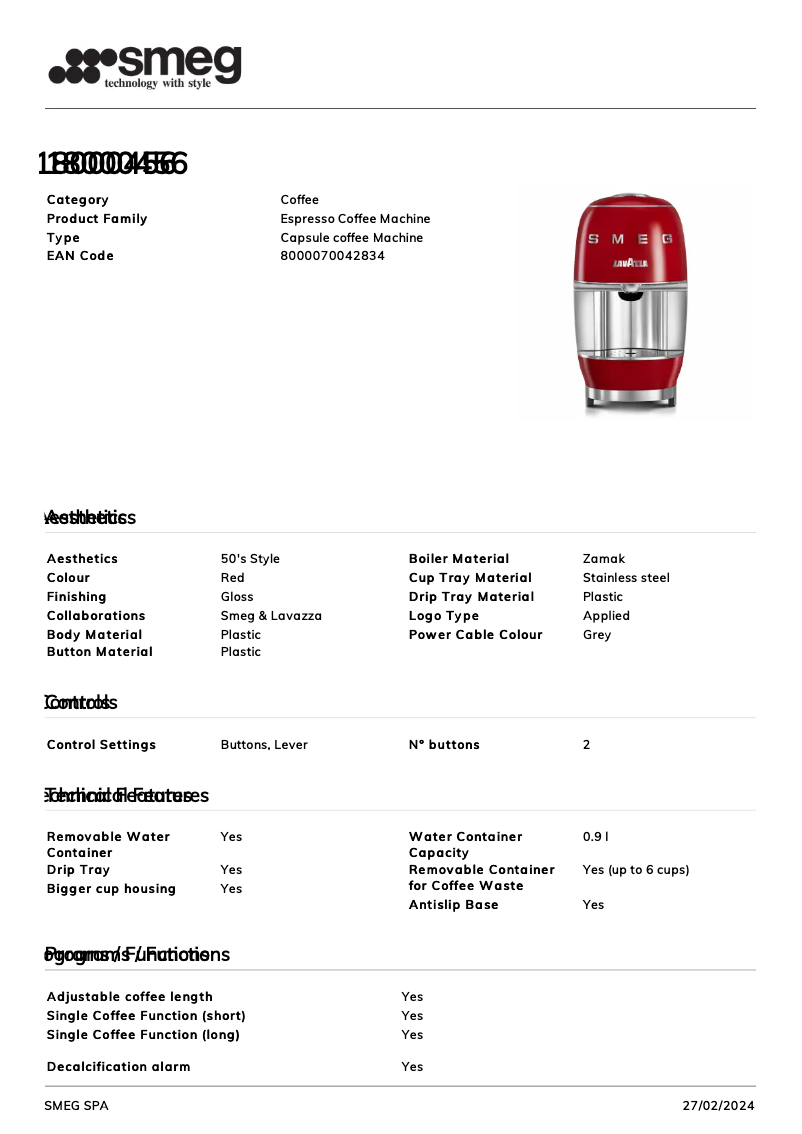 Page n°1 - Fiche technique Smeg Lavazza A Modo Mio