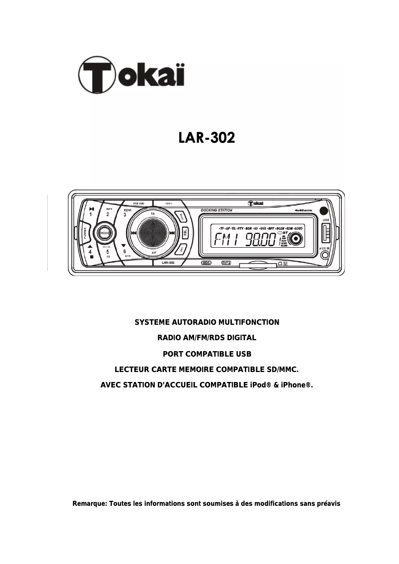 Page 1 de la notice Manuel utilisateur Tokaï LAR-302