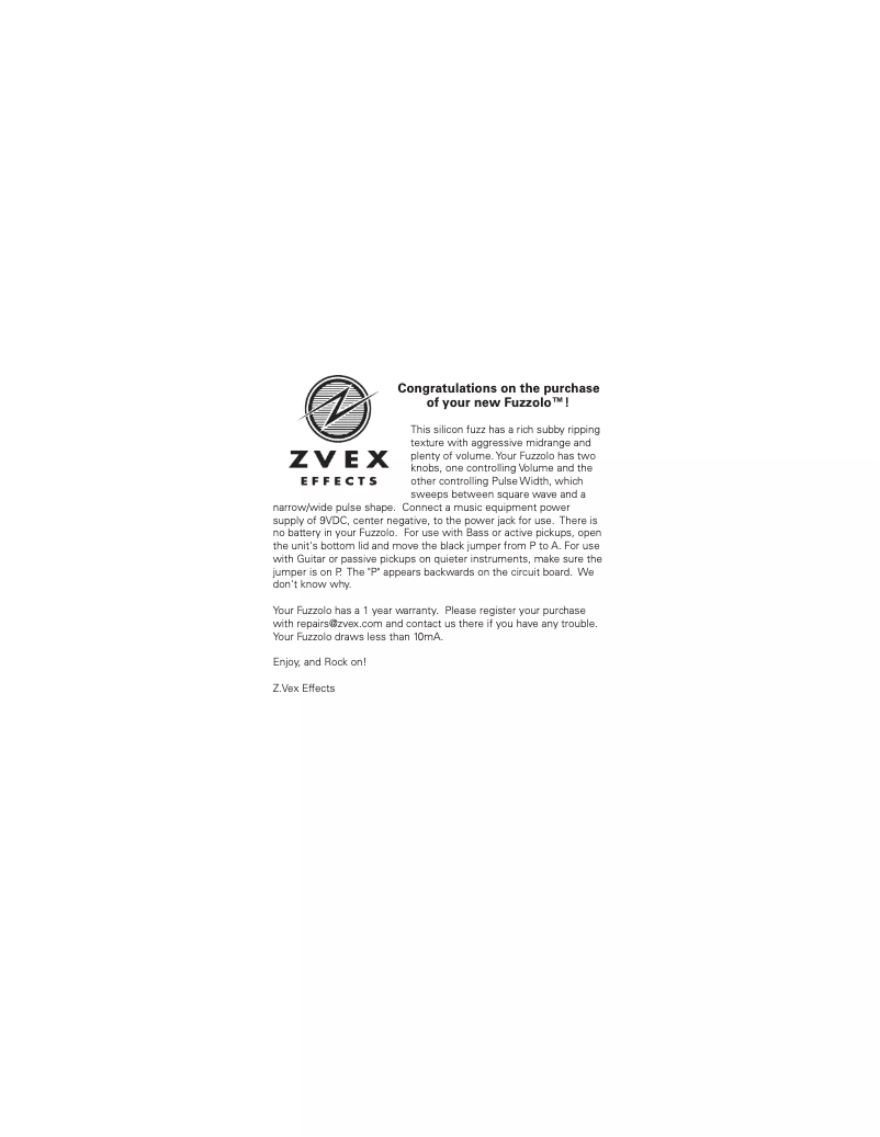 Page n°1 - Manuel utilisateur Z.Vex Fuzzolo