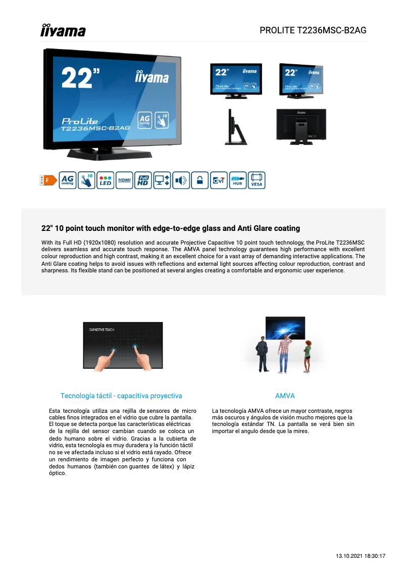 Page 1 de la notice Fiche technique Iiyama ProLite T2236MSC-B2AG