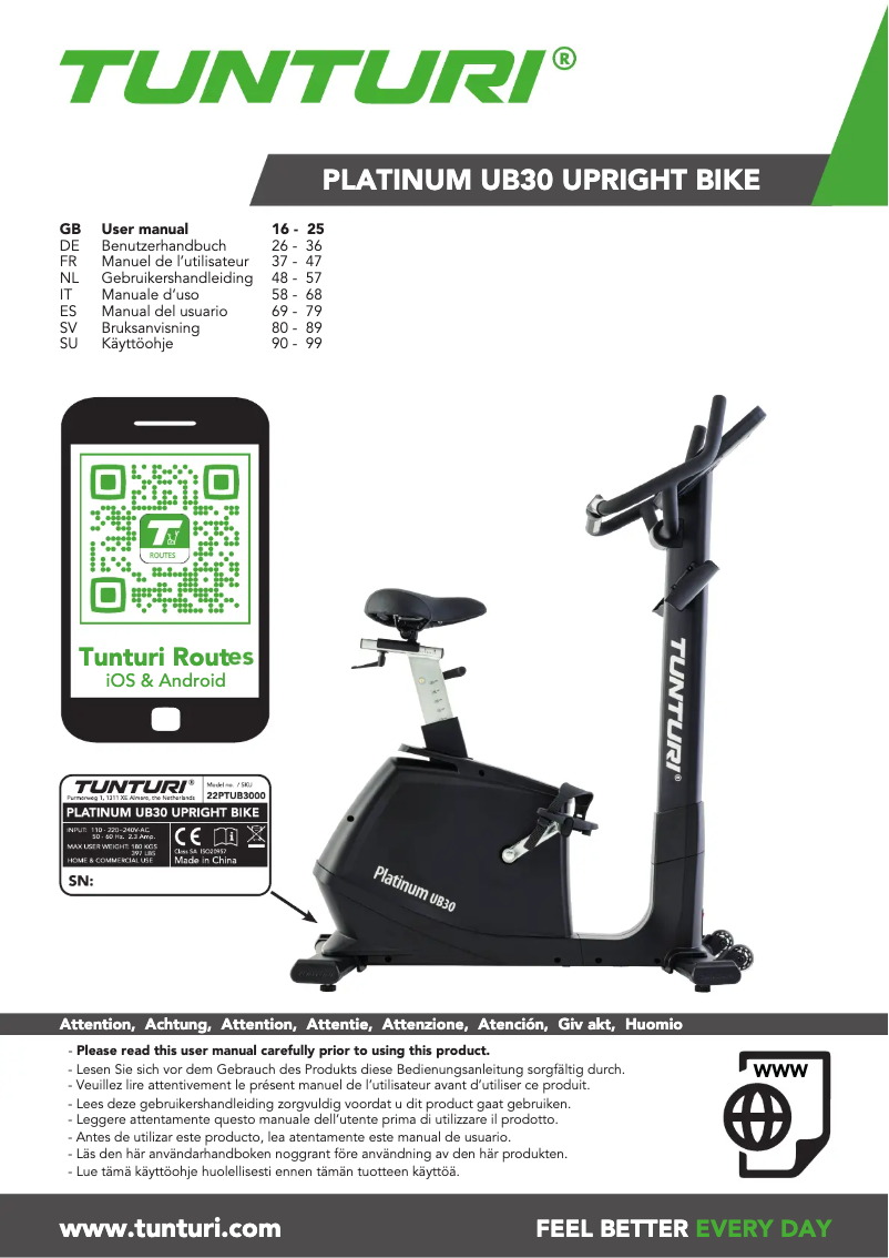 Page 1 de la notice Manuel utilisateur Tunturi Platinum UB30
