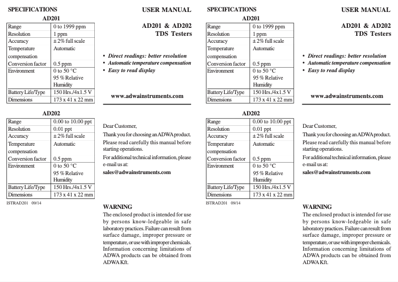 Image de la première page du manuel de l'appareil AD201