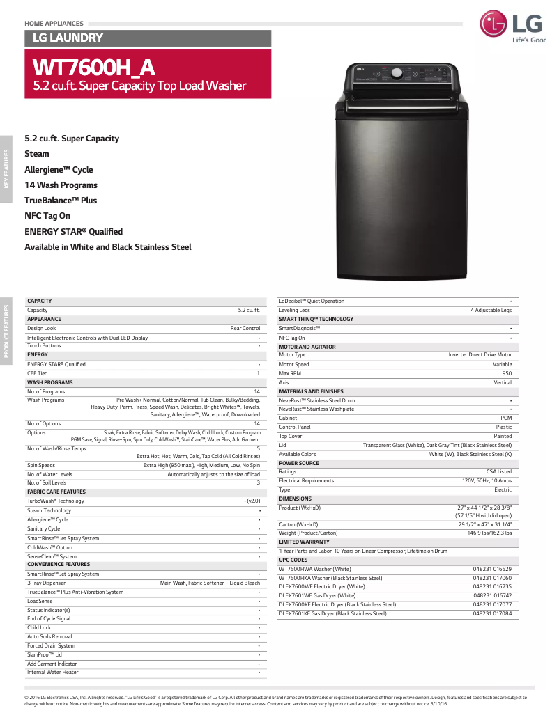 Page 1 de la notice Fiche technique LG WT7600H