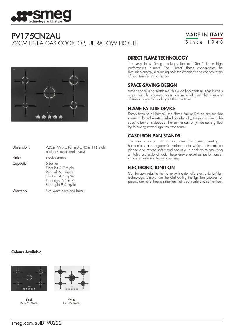 Page n°1 - Fiche technique Smeg PV175CN