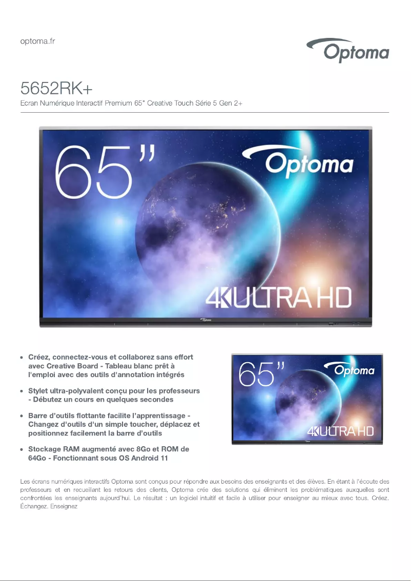 Page 1 de la notice Fiche technique Optoma 5652RK+