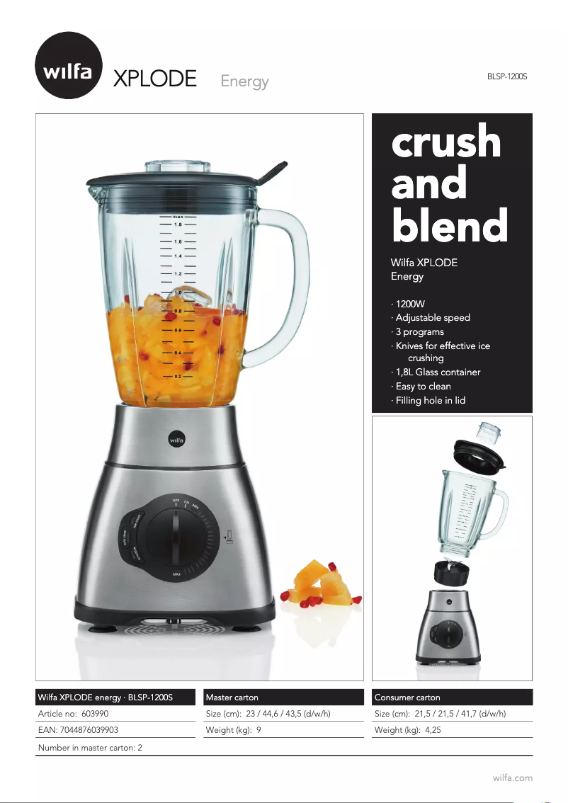 Page 1 de la notice Fiche technique Wilfa Xplode BLPS-1200S