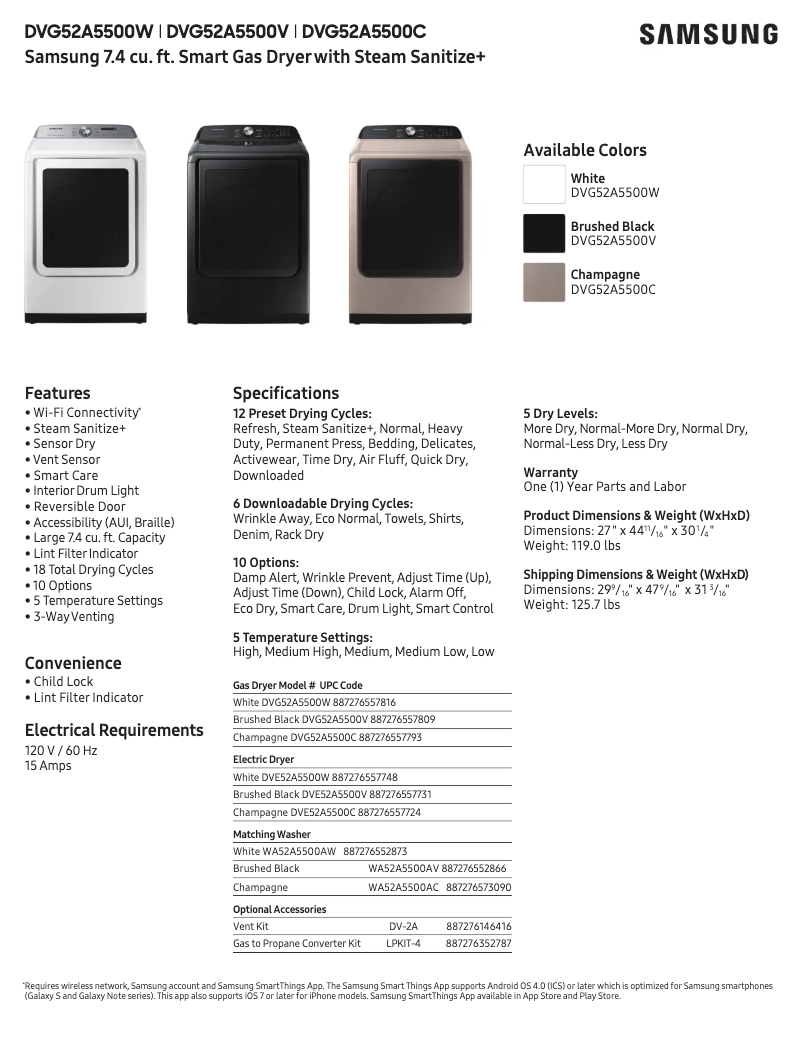 Page 1 de la notice Fiche technique Samsung DVG52A5500V