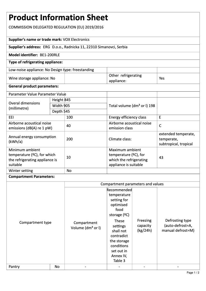 Página 1 del manual Ficha técnica VOX BE1-200RLE