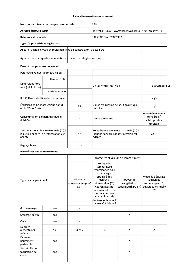 Page n°1 - Fiche technique AEG RKB539E1DW