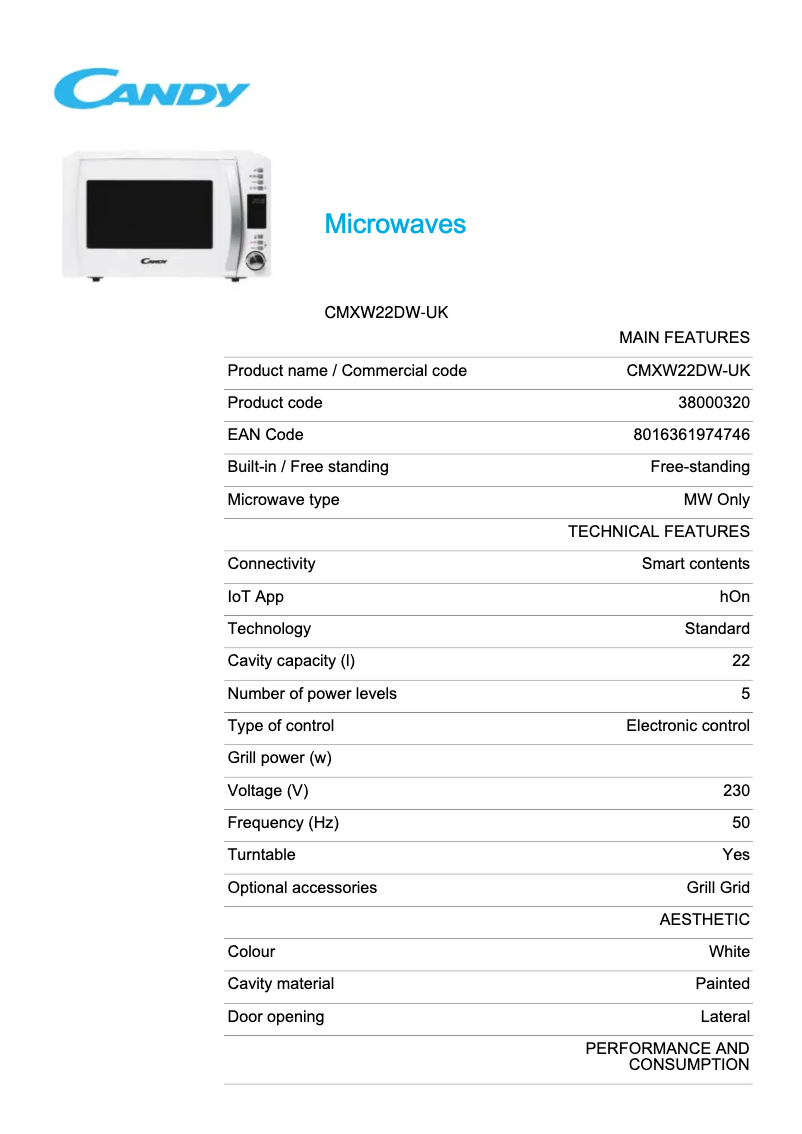 Page 1 de la notice Fiche technique Candy CMXW22DW-UK