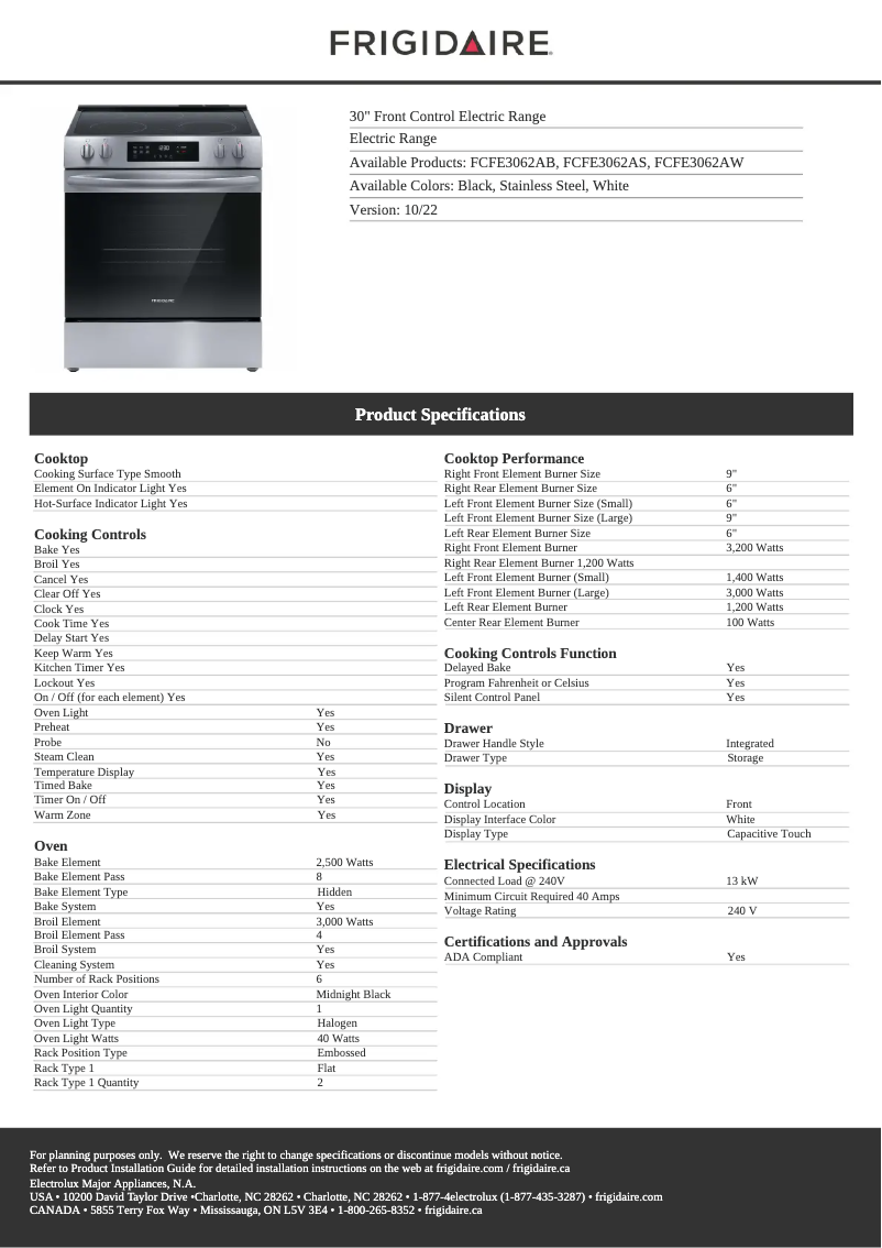 Page n°1 - Fiche technique Frigidaire FCFE3062AS