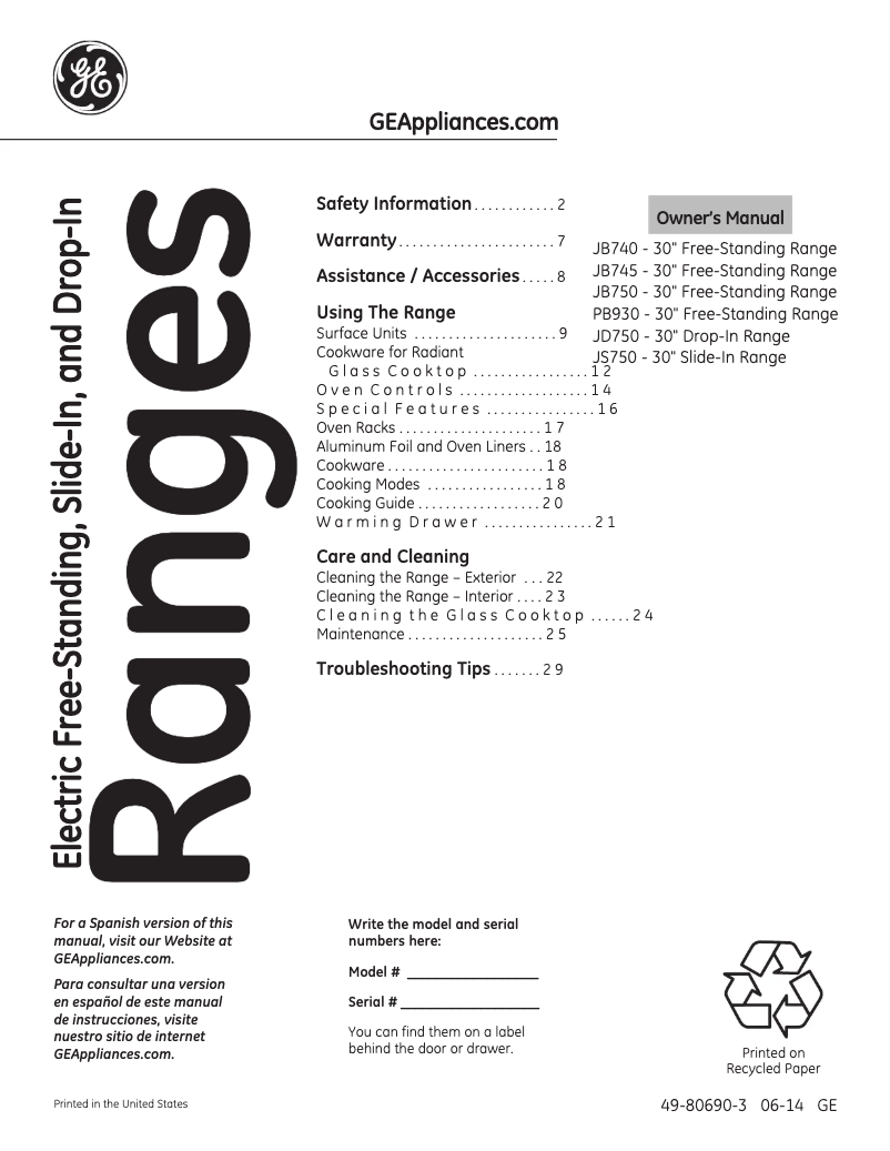 Page 1 of the manual Instruction Manual GE Adora Series JB745DFWW