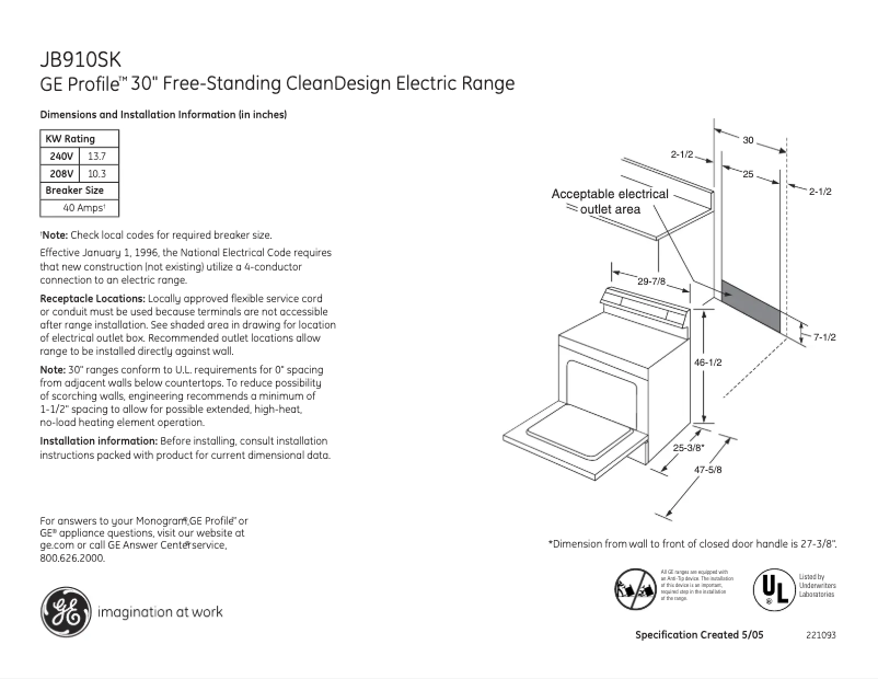 Page 1 of the manual Technical Sheet GE Profile JB910SKSS