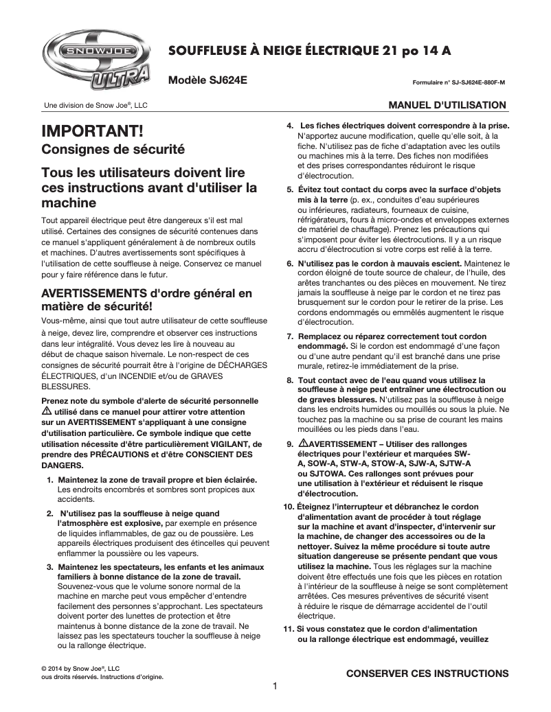 Page 1 de la notice Manuel utilisateur Snow Joe SJ624E-RM