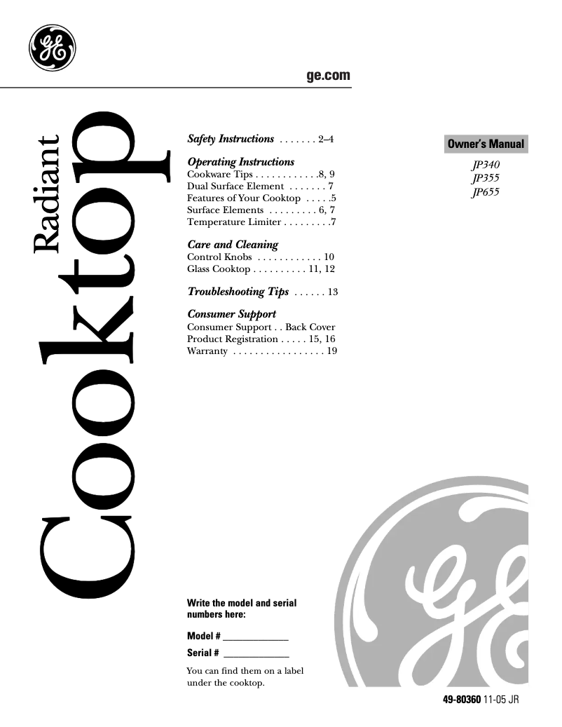 Page 1 de la notice Manuel d'utilisation et d'entretien GE JP355WKWW